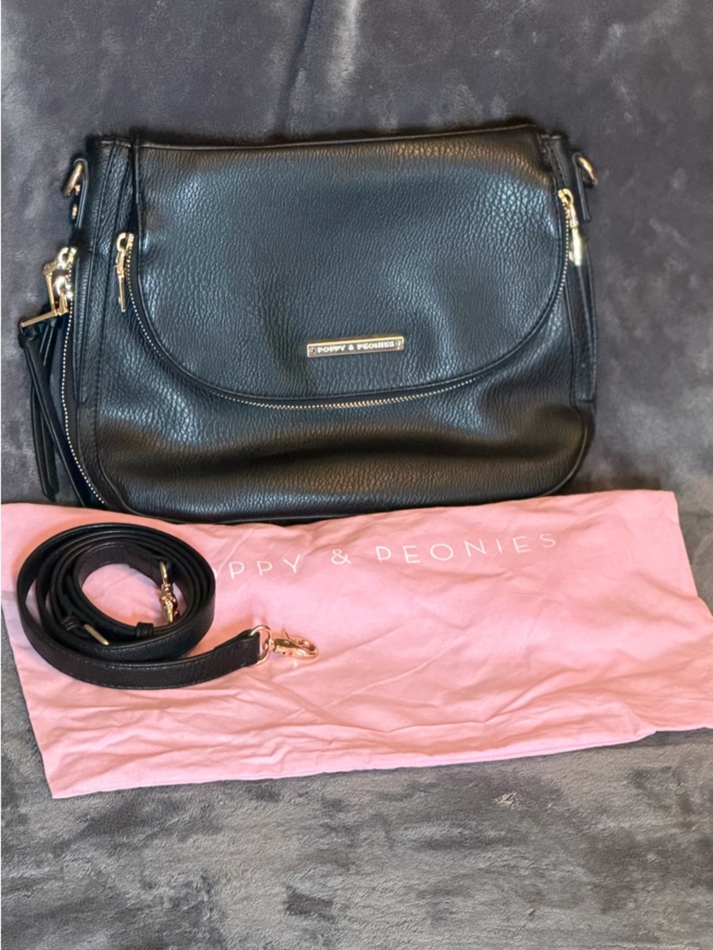 Poppy & Peonies Black Pebbled Leather Crossbody with Gold Hardware
